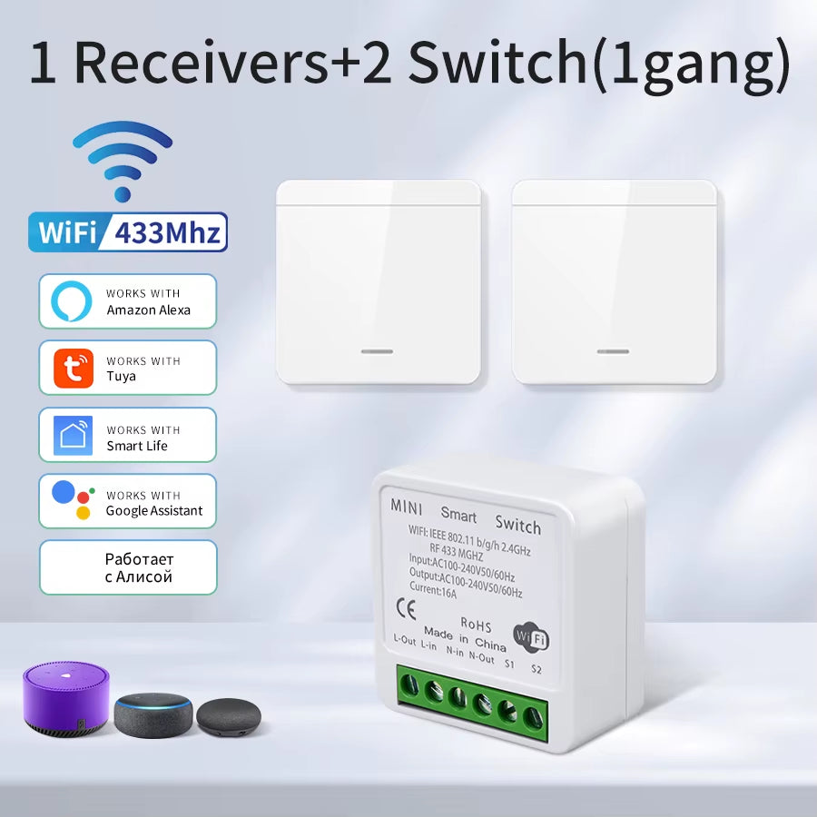 Smart WiFi Light Switch - Voice Control with Alexa & Google Home, Tuya Compatible, RF 433MHz Wireless Switch