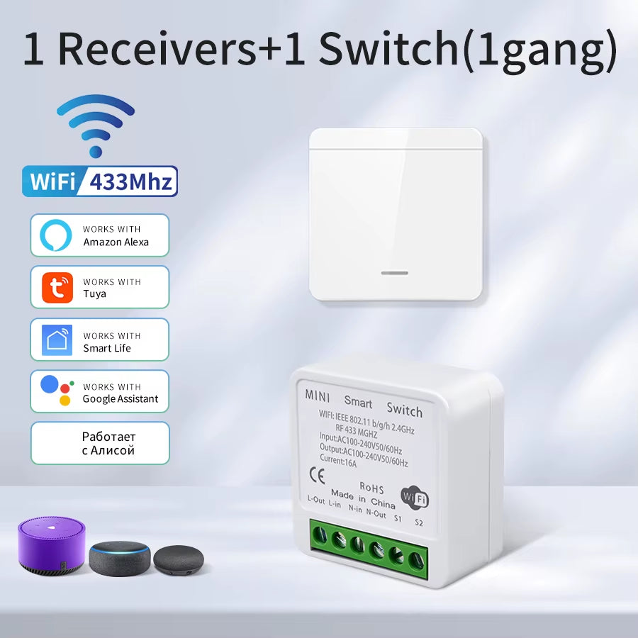 Smart WiFi Light Switch - Voice Control with Alexa & Google Home, Tuya Compatible, RF 433MHz Wireless Switch