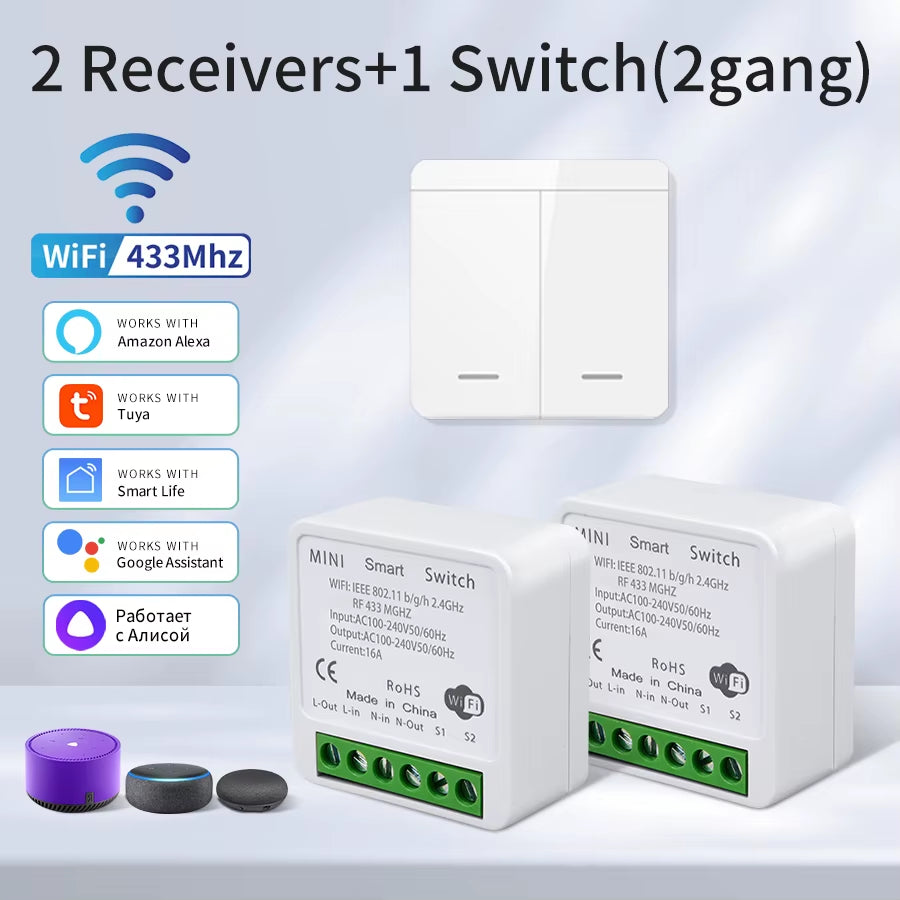 Smart WiFi Light Switch - Voice Control with Alexa & Google Home, Tuya Compatible, RF 433MHz Wireless Switch