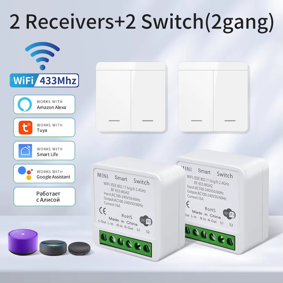 Smart WiFi Light Switch - Voice Control with Alexa & Google Home, Tuya Compatible, RF 433MHz Wireless Switch