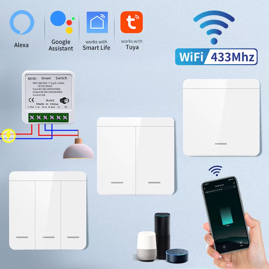 Smart WiFi Light Switch - Voice Control with Alexa & Google Home, Tuya Compatible, RF 433MHz Wireless Switch
