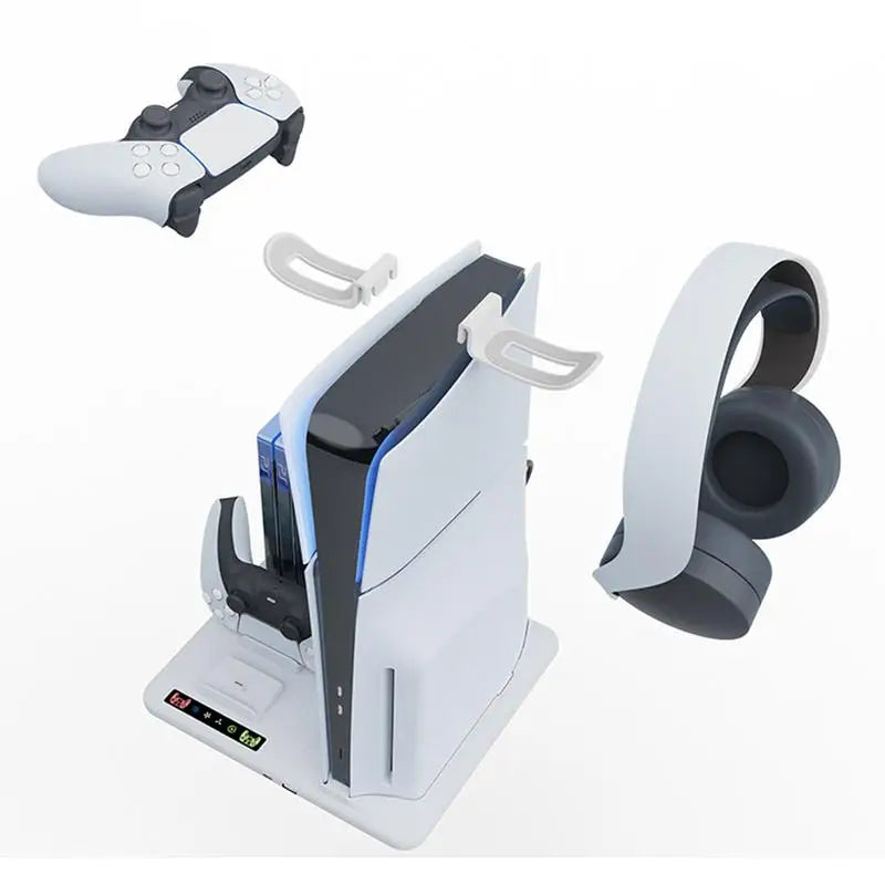 PS5 Slim Vertical Stand & Controller Charging Dock with Cooling Fan - Essential Accessory for PlayStation 5 Console