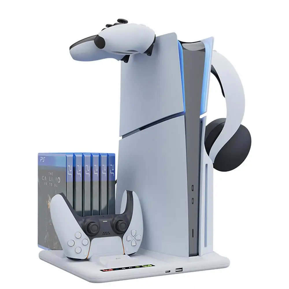 PS5 Slim Vertical Stand & Controller Charging Dock with Cooling Fan - Essential Accessory for PlayStation 5 Console